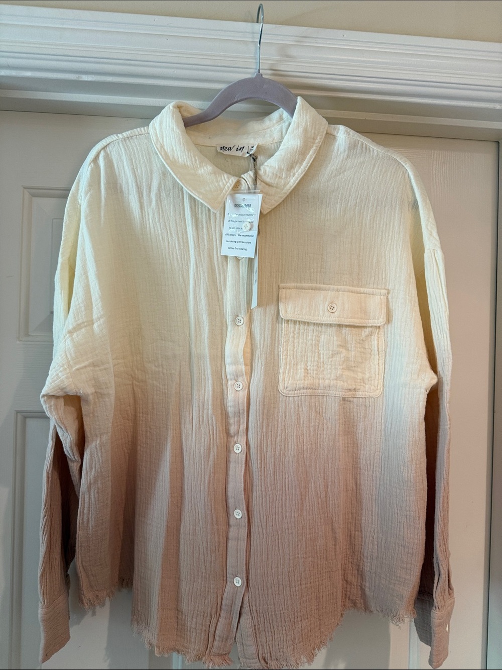 New In by Very J Lightweight Cotton Button-Up Shirt in Cream Ombre NWT medium